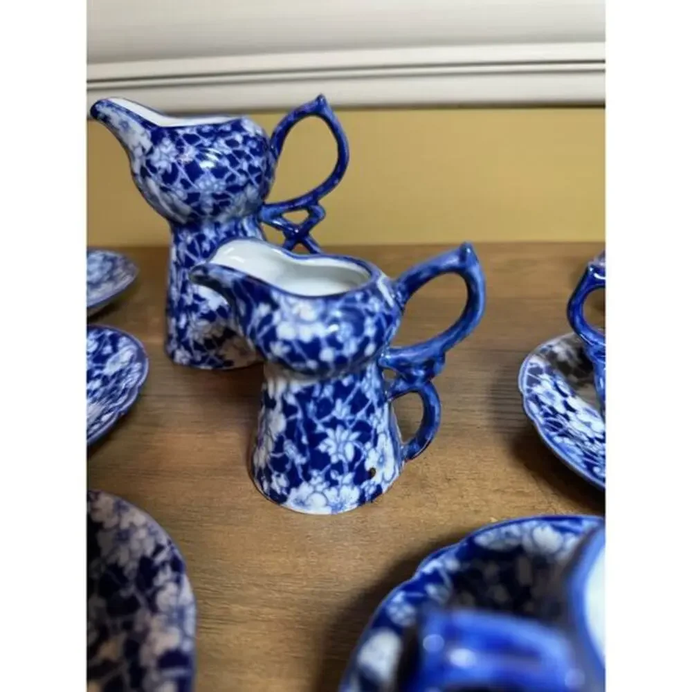 Victoria Ware Stoneware Small‎ Tea Cups Saucers Sugar Creamer Cobalt Flue Floral